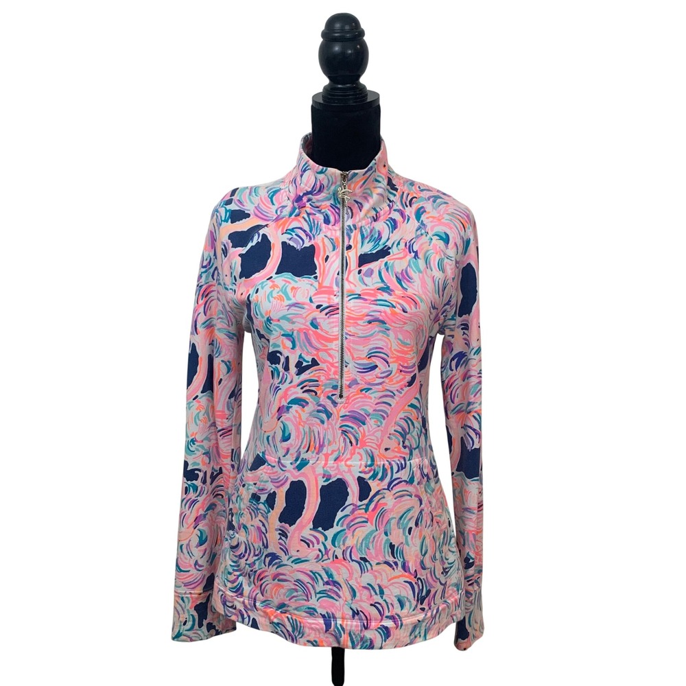 Lilly Pulitzer Women's S Skipper Popover High Tide Navy Flamingo Gopher Half Zip